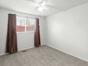 Empty room featuring carpet flooring, a textured ceiling, and a ceiling fan