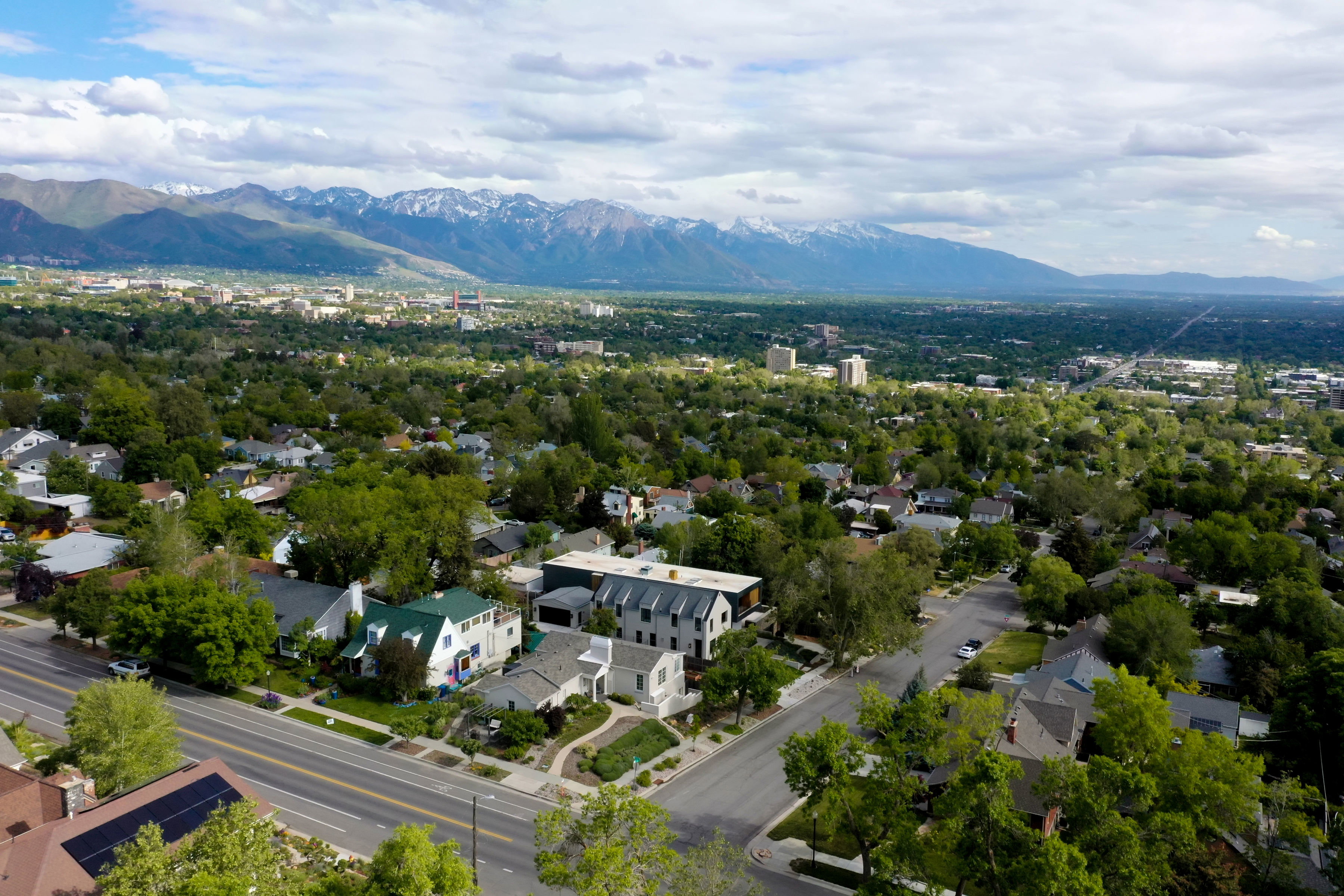 Aerial view of residential area & mountain range
