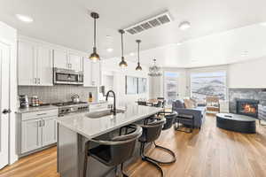 Kitchen with a tiled fireplace, white cabinets, decorative light fixtures, stainless steel appliances, and an island with sink