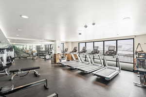 Exercise room featuring expansive windows and recessed lighting