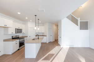 Kitchen featuring stainless steel appliances, white cabinetry, an island with sink, light wood-style floors, and decorative light fixtures