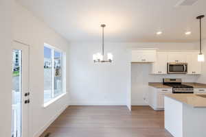 Kitchen with white cabinetry, stainless steel appliances, and light wood-style floors