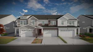 View of front of home with board and batten siding, driveway, and a residential view