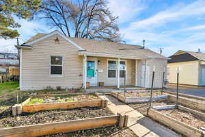 View of front of property with a garden, roof with shingles, and covered porch