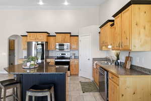 Kitchen with stainless steel appliances, arched walkways, a kitchen breakfast bar, a kitchen island, and light brown cabinetry