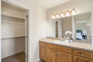 Ensuite bathroom featuring a walk in closet, vanity, and light colored carpet