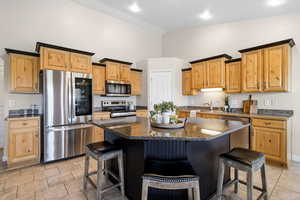 Kitchen with a breakfast bar area, stainless steel appliances, a kitchen island, dark stone counters, and high vaulted ceiling