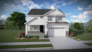 Modern farmhouse style home with board and batten siding, a front lawn, concrete driveway, and an attached garage