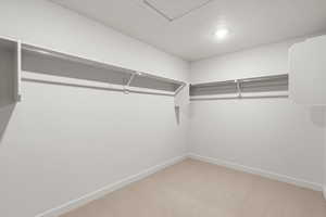 Walk in closet featuring light carpet