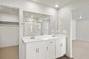 Bathroom featuring dark carpet, a walk in closet, double vanity, and a shower stall
