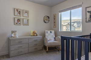 Carpeted bedroom with a nursery area