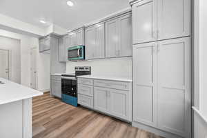 Kitchen with stainless steel appliances, light wood-style flooring, gray cabinetry, and light stone counters