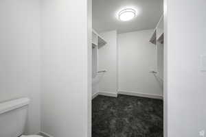 Walk in closet featuring dark carpet