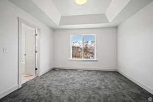 Carpeted empty room with a tray ceiling and baseboards