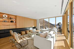 Living area featuring a wall of windows and light wood-style floors