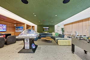 Playroom featuring recessed lighting and wooden walls