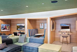 Living area featuring wood walls and recessed lighting