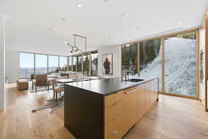 Kitchen featuring a wall of windows, a kitchen island with sink, modern cabinets, light brown cabinets, and light wood-style floors