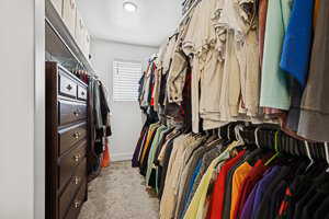 Spacious closet featuring light colored carpet