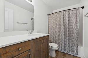 Full bathroom with vanity, curtained shower, and dark wood-style flooring