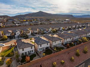 Aerial perspective of suburban area featuring mountains