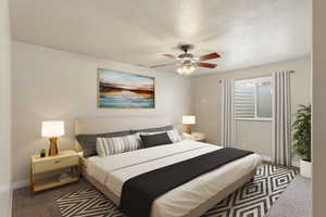 ADU Large Bedroom featuring carpet, a textured ceiling, and ceiling fan(virtual staging)