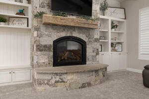 Living room with light carpet, a fireplace, and built in shelves