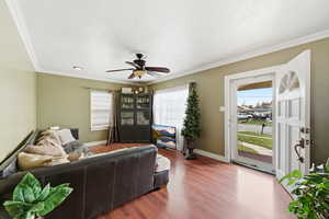 Living room with crown molding, a ceiling fan, and wood finished floors