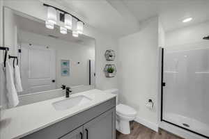 Full bath with vanity, a shower stall, and ample light.