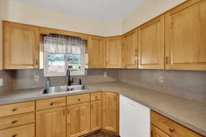 Kitchen with white dishwasher, light countertops, tasteful backsplash, and light brown cabinets