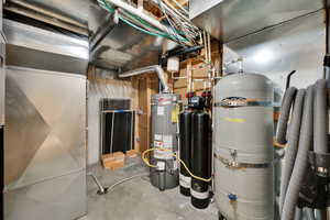 Utility room featuring water heater and heating unit