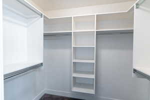 Large carpeted walk in closet .