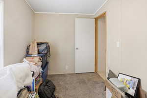 Bedroom featuring crown molding and light carpet