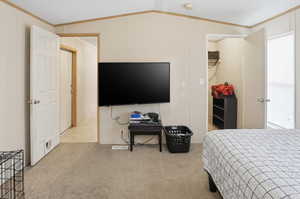 Bedroom featuring lofted ceiling, a spacious closet, crown molding, light colored carpet, and a textured ceiling
