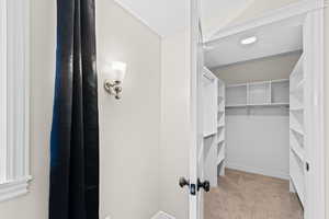 Walk in closet featuring light colored carpet