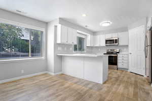 Kitchen with stainless steel appliances, light countertops, a peninsula, light wood-style floors, and white cabinetry