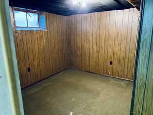 Basement with wood walls and carpet
