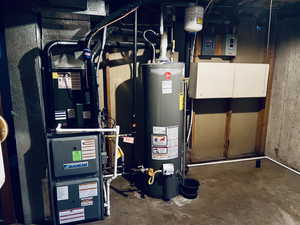 Utilities with water heater, heating unit, and electric panel