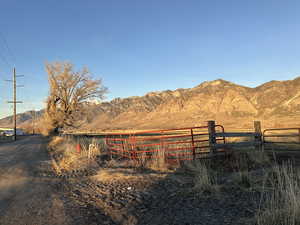 Southwest corner of property with gate and fire hydrant