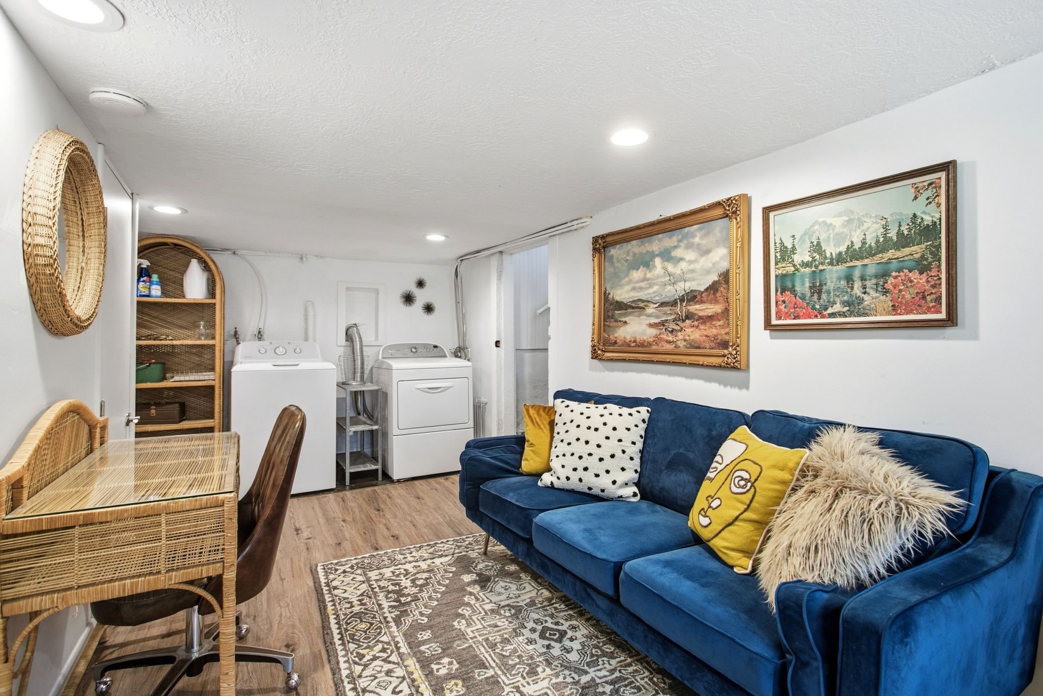 Office featuring wood finished floors, washing machine and dryer, recessed lighting, and a textured ceiling