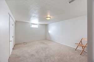 Basement featuring a textured ceiling and carpet flooring