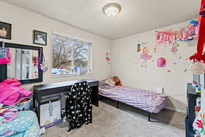 Bedroom with carpet floors and a textured ceiling