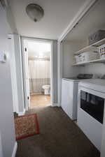 Washroom with washing machine and dryer and light colored carpet
