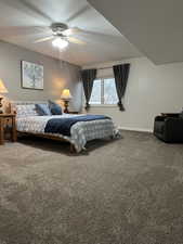 Bedroom with New carpet and ceiling fan