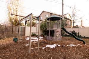 View of playground with a fenced backyard