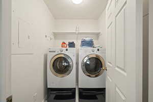 Washroom featuring electric panel and washing machine and clothes dryer
