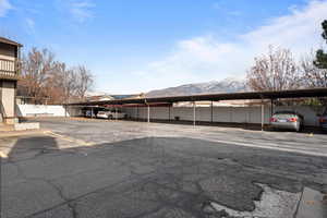 Covered parking lot with a mountain view