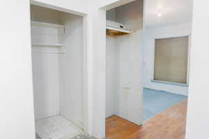 View of pantry and space for range/stove.