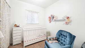 Bedroom with a nursery area and carpet