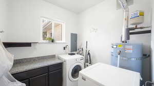 Laundry room with washer and clothes dryer, water heater